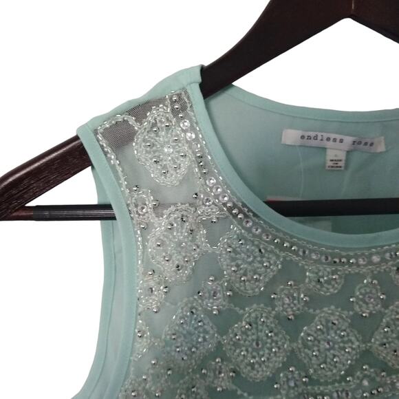 Endless Rose Top Womens Large Mint Green Tank With Mesh & Beading Details - Picture 6 of 9